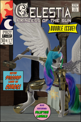 Size: 3009x4492 | Tagged: safe, artist:stellarator, imported from derpibooru, princess celestia, alicorn, anthro, unguligrade anthro, 3d, armor, blender, blender cycles, comic cover, cycles, diadem, fantasy class, female, hammer, hipposandals, horn, jewelry, mare, not sfm, regalia, solo, three point landing, tiara, war hammer, warrior, warrior celestia, weapon, wings