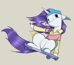 Size: 900x800 | Tagged: safe, artist:sinrar, imported from derpibooru, rarity, pony, unicorn, friendship university, alternate hairstyle, cap, clothes, disguise, hat, plainity, simple background, skateboard, tan background