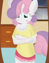 Size: 1024x1326 | Tagged: safe, artist:skyflys, imported from derpibooru, sweetie belle, anthro, unicorn, blushing, cheek fluff, clothes, cute, female, fluffy, older, older sweetie belle, pajamas, sad, self-conscious, solo, teenager