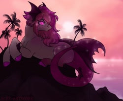 Size: 1920x1563 | Tagged: safe, artist:acry-artwork, imported from derpibooru, oc, oc only, oc:siren song, merpony, pony, sea pony, siren, beach, fins, palm tree, slit pupils, solo, sparkles, sunset, tree, water