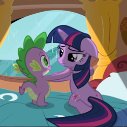 Size: 892x893 | Tagged: safe, imported from derpibooru, screencap, spike, twilight sparkle, unicorn, magical mystery cure, bed, cropped, duo, female, floppy ears, golden oaks library, male, rain, unicorn twilight, window