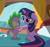 Size: 922x862 | Tagged: safe, imported from derpibooru, screencap, spike, twilight sparkle, unicorn, magical mystery cure, bed, cropped, duo, female, floppy ears, golden oaks library, looking at each other, male, rain, unicorn twilight, window