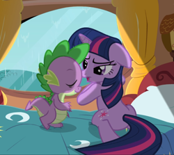 Size: 960x855 | Tagged: safe, imported from derpibooru, screencap, spike, twilight sparkle, unicorn, magical mystery cure, bed, cropped, duo, female, floppy ears, golden oaks library, male, rain, unicorn twilight, window