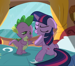 Size: 962x843 | Tagged: safe, imported from derpibooru, screencap, spike, twilight sparkle, unicorn, magical mystery cure, bed, cropped, duo, eyes closed, female, floppy ears, golden oaks library, male, rain, unicorn twilight, window