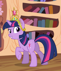 Size: 769x895 | Tagged: safe, imported from derpibooru, screencap, twilight sparkle, pony, unicorn, magical mystery cure, big crown thingy, cropped, crown, element of magic, female, golden oaks library, grin, jewelry, mare, raised hoof, regalia, smiling, solo, unicorn twilight