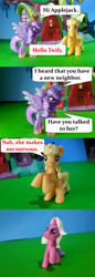 Size: 3264x9503 | Tagged: safe, artist:assertiveshypony, imported from derpibooru, applejack, twilight sparkle, twilight sparkle (alicorn), alicorn, earth pony, unicorn, comic, golden oaks library, photo, pony figurines, tree