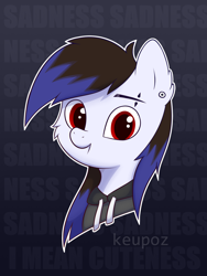Size: 1536x2048 | Tagged: safe, artist:keupoz, imported from derpibooru, oc, oc only, oc:keupoz, earth pony, abstract background, clothes, hoodie, piercing, text