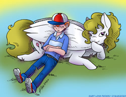 Size: 1200x926 | Tagged: safe, artist:kaemantis, imported from derpibooru, danny williams, surprise, human, pegasus, pony, commission, g1, pony pillow, prone, sleeping