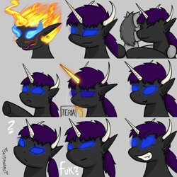 Size: 768x768 | Tagged: safe, artist:skydreams, imported from derpibooru, oc, oc only, oc:ryonez coruscare, coffee mug, commission, confused, emoji, emotes, excited, fire, hmph, horn, horns, hug, mug, ponytail, rage