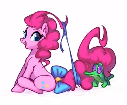 Size: 2176x1806 | Tagged: safe, artist:luciferamon, imported from derpibooru, gummy, pinkie pie, alligator, earth pony, pony, bow, cute, diapinkes, ear fluff, female, mare, pi, pi day, ribbon, simple background, sitting, tail bow, white background