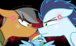 Size: 1024x620 | Tagged: safe, artist:sirena-flitter, imported from derpibooru, quibble pants, rainbow dash, soarin', pegasus, pony, argument in the comments, cross-popping veins, drama in the comments, female, male, mare, quibbledash, rivalry, shipping, soarindash, stallion, straight, trio