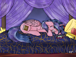 Size: 2048x1536 | Tagged: safe, artist:melonseed11, artist:xhalesx, imported from derpibooru, oc, oc only, oc:magical aura, alicorn, pony, alicorn oc, bed, crying, female, horn, mare, next generation, offspring, parent:flash sentry, parent:twilight sparkle, solo, story included