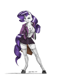 Size: 1055x1382 | Tagged: safe, artist:baron engel, color edit, edit, imported from derpibooru, rarity, anthro, unguligrade anthro, unicorn, breasts, cleavage, clothes, colored, colored hooves, female, mare, miniskirt, pencil drawing, plaid, plaid skirt, pleated skirt, school uniform, shoes, simple background, skirt, socks, solo, stockings, thigh highs, traditional art, transparent background, zettai ryouiki