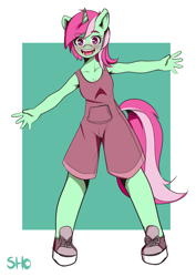 Size: 2893x4092 | Tagged: safe, artist:koizumisho, imported from derpibooru, minty bubblegum, anthro, unicorn, blushing, clothes, female, overall shorts, solo