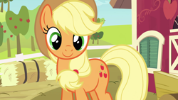 Size: 1920x1080 | Tagged: safe, imported from derpibooru, screencap, applejack, earth pony, pony, spike at your service, apple, apple tree, cute, female, hay bale, jackabetes, mare, solo, sweet apple acres, tree