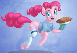 Size: 1016x697 | Tagged: safe, artist:brianblackberry, imported from derpibooru, pinkie pie, earth pony, pony, alternate hairstyle, bottomless, clothes, cute, diapinkes, female, food, happy, mare, open mouth, oven mitt, partial nudity, pi day, pie, ponytail, shirt, socks, solo, t-shirt