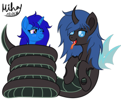 Size: 4993x4209 | Tagged: safe, artist:mihay, artist:mihaynoms, imported from derpibooru, oc, oc only, oc:buzzie, oc:delly, changeling, changeling lamia, lamia, original species, unicorn, blushing, coiling, coils, one eye closed, signature, simple background, smiling, this will end in vore, tongue out, transparent background