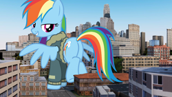 Size: 1456x819 | Tagged: safe, artist:thegiantponyfan, imported from derpibooru, rainbow dash, pegasus, pony, bomber jacket, building, butt, city, clothes, female, giant pony, giant rainbow dash, giantess, highrise ponies, jacket, looking back, macro, mare, mega/giant rainbow dash, plot, rainbutt dash, raised hoof