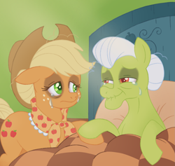 Size: 1493x1413 | Tagged: safe, artist:itoruna-the-platypus, imported from derpibooru, applejack, granny smith, earth pony, pony, the last problem, applejack's hat, bed, bittersweet, cowboy hat, crying, crying on the outside, death bed, deathbed, duo, duo female, dying, even older granny smith, female, grandmother and grandchild, grandmother and granddaughter, hat, mare, older, older applejack, sad, sad pony, sadjack, teary eyes, this will end in death, this will end in tears, this will end in tears and/or death