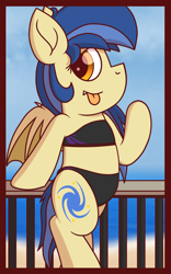 Size: 1200x1920 | Tagged: safe, alternate version, artist:thebadbadger, imported from derpibooru, oc, oc:vía láctea, bat pony, beach, bikini, bipedal, clothes, swimsuit