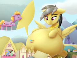 Size: 4986x3769 | Tagged: safe, artist:09hankris, artist:tsitra360, imported from derpibooru, daring do, oc, earth pony, pegasus, pony, fanfic:daring do and the amulet of graveeda, airship, fanfic art, female, giant pony, giantess, house, huge belly, hyper, hyper belly, hyper pregnancy, impossibly large belly, macro, male, mare, mountain, permapregnant, pregnant, stallion, zeppelin