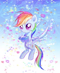 Size: 2890x3538 | Tagged: safe, artist:bronyazaych, imported from derpibooru, rainbow dash, pegasus, pony, cute, daaaaaaaaaaaw, dashabetes, female, flying, heart, high res, holding, hoof hold, looking at something, mare, present, solo, spread wings, wings