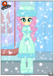 Size: 2480x3507 | Tagged: safe, artist:theminus, imported from derpibooru, fluttershy, human, comic:fluttershy the dark secret, equestria girls, blushing, clothes, coat, cute, female, hat, looking at you, mittens, shy, shyabetes, snow, snowfall, winter, winter outfit