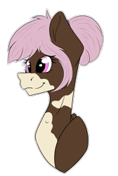 Size: 1284x1910 | Tagged: safe, artist:chazmazda, imported from derpibooru, oc, oc only, pony, bun, bust, colored, commission, commissions open, digital art, eye shine, flat colors, hair bun, happy, head shot, markings, outline, pink eyes, pink hair, present, shine, shiny eyes, simple background, smiling, solo, transparent background