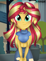 Size: 1536x2048 | Tagged: safe, artist:artmlpk, imported from derpibooru, sunset shimmer, equestria girls, adorable face, adorkable, blushing, city, cityscape, clothes, cute, denim, digital art, dork, female, jeans, looking at you, pants, shimmerbetes, smiling, smiling at you, solo, sweater, turtleneck