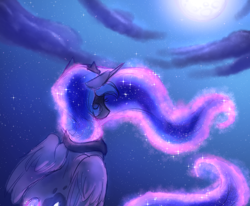 Size: 1458x1200 | Tagged: safe, artist:sierra flyer, imported from derpibooru, princess luna, alicorn, pony, blue coat, cloud, crown, female, horn, jewelry, moon, night, rear view, regalia, sitting, solo, wings