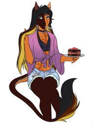 Size: 729x975 | Tagged: safe, artist:blackblood-queen, imported from derpibooru, oc, oc only, oc:daniel dasher, anthro, dracony, dragon, hybrid, pony, unguligrade anthro, anthro oc, cake, clothes, crossdressing, digital art, eating, eyeshadow, femboy, food, leonine tail, lichtenberg figure, lichtenberg scar, makeup, male, scar, simple background, solo, stallion, white background, wingless, wingless anthro