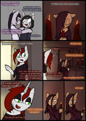 Size: 4961x7016 | Tagged: safe, artist:tenenbris, imported from derpibooru, oc, oc:abel masei, oc:alicia malice, oc:alma, oc:patricia sorg, demon, semi-anthro, unicorn, zebra, comic:things change, bipedal, candle, clothes, comic, eyeshadow, makeup, ritual, shirt, summoning, zebra oc