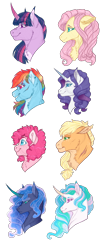 Size: 2977x7061 | Tagged: safe, artist:gigason, imported from derpibooru, applejack, fluttershy, pinkie pie, princess celestia, princess luna, rainbow dash, rarity, twilight sparkle, alicorn, earth pony, pegasus, pony, unicorn, alternate design, bust, chest fluff, curved horn, cute, cute little fangs, fangs, high res, horn, mane six, portrait, scar, simple background, transparent background