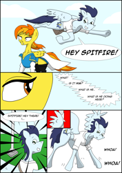 Size: 2480x3508 | Tagged: safe, artist:greeneyedmistress, imported from derpibooru, soarin', spitfire, pegasus, pony, comic:prelude to creation, clothes, comic, female, male, mare, stallion