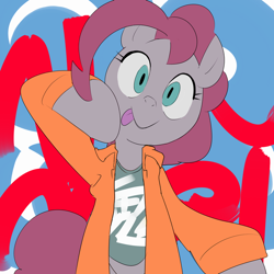 Size: 750x750 | Tagged: safe, artist:baigak, imported from derpibooru, pinkie pie, earth pony, semi-anthro, clothes, cute, diapinkes, female, jacket, looking at you, shirt, solo, tongue out