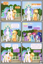 Size: 3255x4838 | Tagged: safe, artist:gutovi, imported from derpibooru, applejack, fluttershy, pinkie pie, princess celestia, princess luna, rainbow dash, rarity, twilight sparkle, alicorn, earth pony, pegasus, pony, unicorn, comic:why me!?, alternate ending, alternate hairstyle, applelestia, comic, female, lesbian, mane six, missing accessory, pigtails, shipping, sun, sunrise, sweet apple acres, twilight sparkle (alicorn)