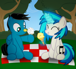 Size: 3600x3300 | Tagged: safe, artist:agkandphotomaker2000, imported from derpibooru, dj pon-3, vinyl scratch, oc, oc:pony video maker, pegasus, pony, unicorn, bush, canon x oc, cookies and cream, food, ice cream, ice cream on nose, levitation, little tease, magic, picnic blanket, smiling, surprised, telekinesis, tree, vanilla, videoscratch