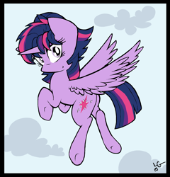 Size: 1780x1852 | Tagged: safe, alternate version, artist:lucas_gaxiola, imported from derpibooru, twilight sparkle, alicorn, pony, alternate hairstyle, cloud, colored, female, flying, looking back, mare, signature, smiling, solo, twilight sparkle (alicorn), underhoof