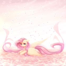 Size: 2000x2000 | Tagged: safe, artist:avrameow, imported from derpibooru, fluttershy, pegasus, pony, cute, digital art, female, floppy ears, flower petals, looking at you, mare, prone, shyabetes, solo, spread wings, three quarter view, wings