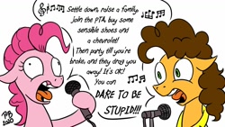 Size: 1200x675 | Tagged: safe, artist:pony-berserker, imported from derpibooru, cheese sandwich, pinkie pie, earth pony, pony, dare to be stupid, derp, karaoke, microphone, music notes, pony-berserker's twitter sketches, singing, song, song reference, voice actor joke, weird al yankovic