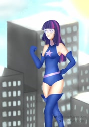 Size: 1280x1811 | Tagged: safe, artist:rosemakerart, imported from derpibooru, twilight sparkle, human, boots, clothes, female, giantess, humanized, leotard, macro, magic gaia, shoes, superhero, thigh boots