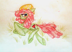 Size: 1560x1117 | Tagged: safe, artist:mysteriousshine, imported from derpibooru, tree hugger, earth pony, pony, bandana, blushing, female, grass, lying down, mare, solo, traditional art, underhoof