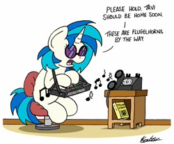 Size: 1024x846 | Tagged: safe, artist:bobthedalek, imported from derpibooru, dj pon-3, vinyl scratch, pony, unicorn, blatant lies, chair, female, keyboard, mare, music notes, musical instrument, phone, sitting, solo, telephone