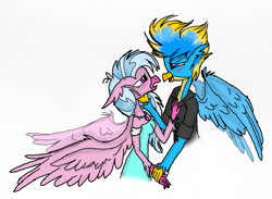 Size: 1479x1085 | Tagged: safe, artist:mysteriousshine, imported from derpibooru, gallus, silverstream, anthro, griffon, hippogriff, blushing, clothes, dress, female, gallstream, male, shipping, speedpaint available, straight