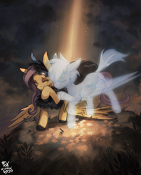 Size: 1047x1300 | Tagged: safe, artist:foxinshadow, imported from derpibooru, fluttershy, rainbow dash, ghost, pegasus, pony, undead, fanfic:a pegasus promise, comforting, commission, crepuscular rays, crying, duo, eyes closed, fanfic art, female, mare, outdoors, raised hoof, sad, spirit, spread wings, teary eyes, wings, wings down