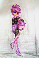 Size: 1213x1807 | Tagged: safe, artist:mysteriousshine, imported from derpibooru, scootaloo, equestria girls, clothes, cutie mark, cutie mark on clothes, female, helmet, motocross outfit, older, older scootaloo, solo, the cmc's cutie marks, traditional art