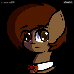 Size: 1500x1500 | Tagged: safe, alternate version, artist:darksoma, imported from derpibooru, oc, oc only, oc:liam king, earth pony, pony, alternate universe, bowtie, film grain, hair over one eye, hard shadows, head shot, series, shadows, solo, stanley, stanliam, static, static overlay