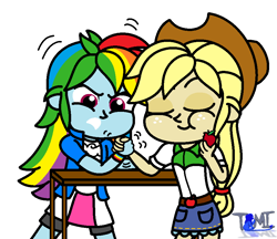 Size: 892x770 | Tagged: safe, artist:tommychipmunk, imported from derpibooru, applejack, rainbow dash, equestria girls, apple, appledash, arm wrestling, eating, female, food, lesbian, shipping, strong