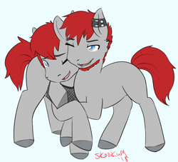 Size: 2200x2000 | Tagged: source needed, safe, artist:skookum, imported from derpibooru, oc, oc only, oc:blaze, oc:bolt, earth pony, brotherly love, brothers, ear piercing, earth pony oc, eyebrow piercing, fishnets, lip piercing, male, piercing, sibling, sibling love, siblings, twins, unshorn fetlocks