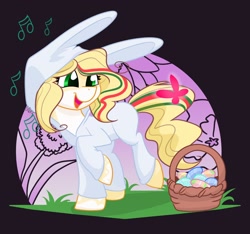 Size: 2048x1918 | Tagged: safe, artist:cadetredshirt, imported from derpibooru, oc, oc only, oc:hollie, butterfly, earth pony, pony, animal costume, basket, bunny costume, bunny ears, clothes, costume, digital art, easter, easter basket, easter bunny, holiday, music notes, simple background, smiling, solo, walking, ych result